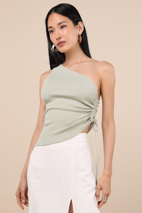 LULUS CASSARA SAGE GREEN RIBBED ONE-SHOULDER DRAWSTRING TANK TOP 