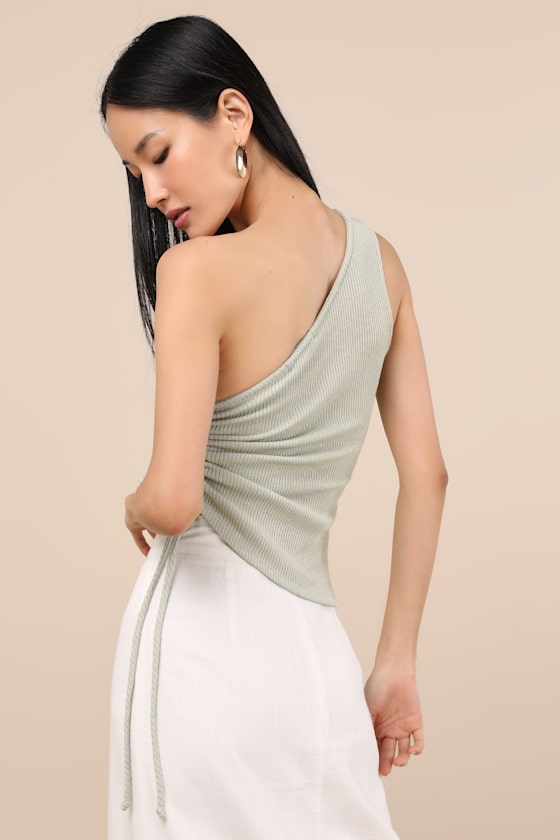 LULUS CASSARA SAGE GREEN RIBBED ONE-SHOULDER DRAWSTRING TANK TOP 