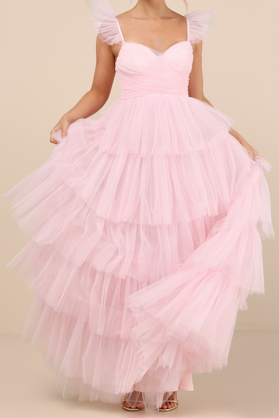 Lulus Fabulous Poise Light Pink Tulle Ruffled Tiered Maxi Dress In Light Pink