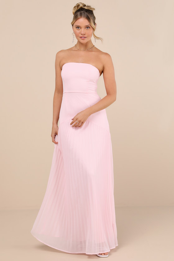 Celebratory Aesthetic Blush Pink Pleated Strapless Maxi Dress 1
