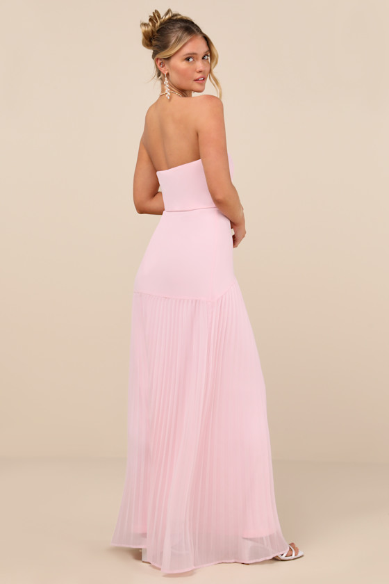 Celebratory Aesthetic Blush Pink Pleated Strapless Maxi Dress 2