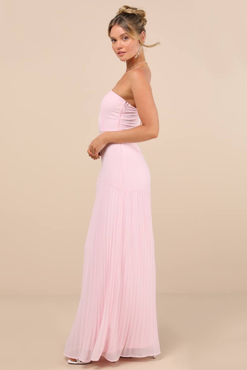 Celebratory Aesthetic Blush Pink Pleated Strapless Maxi Dress
