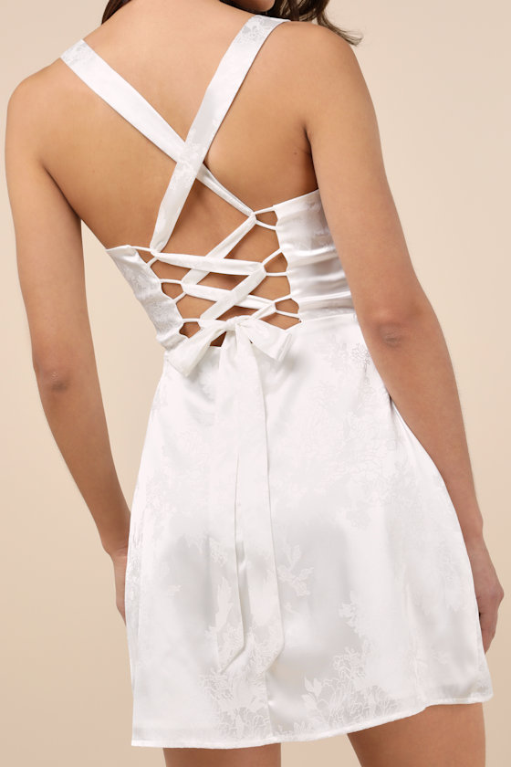 Lulus Exquisite Outlook White Floral Jacquard Satin Lace-up Mini Dress In White