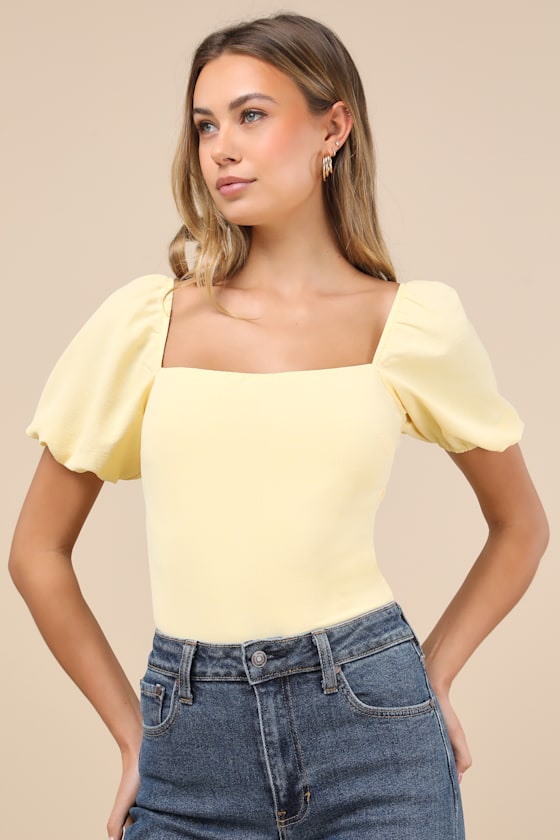 Lulus Abundance Of Love Yellow Textured Puff Sleeve Tie-back Bodysuit In Yellow