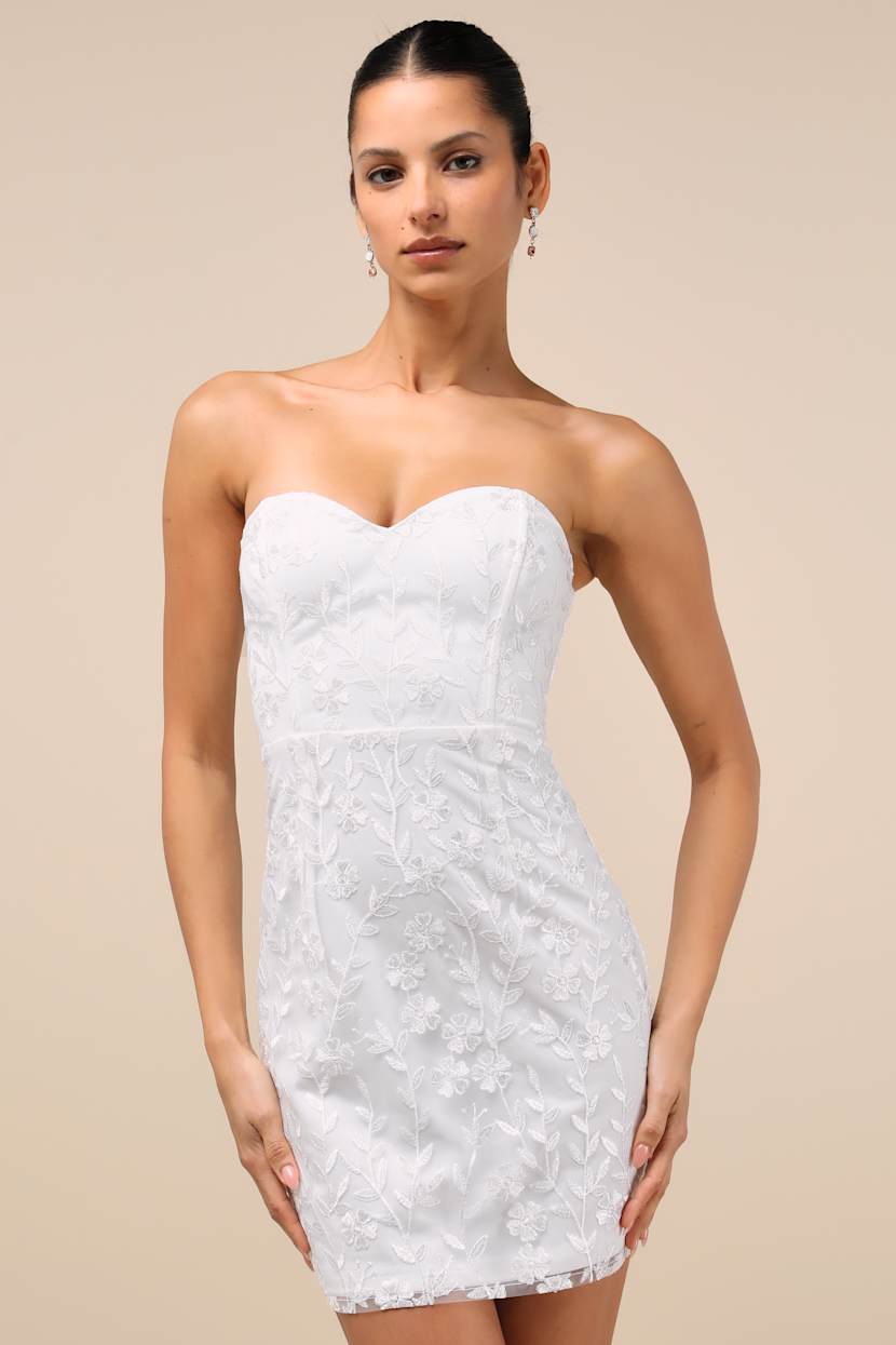 Exquisite Sensation White Embroidered Strapless Mini Dress
