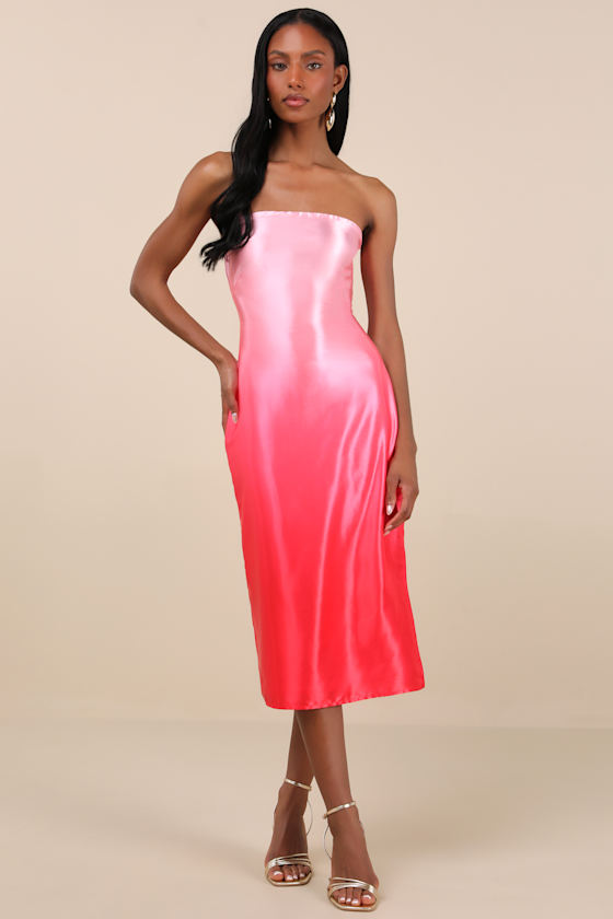 Lulus Indescribable Poise Pink Ombre Satin Strapless Midi Dress In Pink