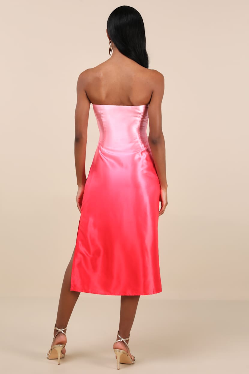 Indescribable Poise Pink Ombre Satin Strapless Midi Dress