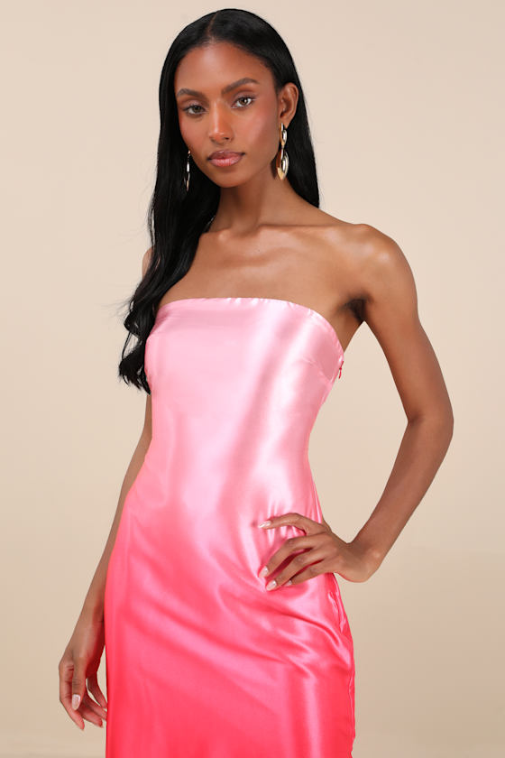 Lulus Indescribable Poise Pink Ombre Satin Strapless Midi Dress In Pink
