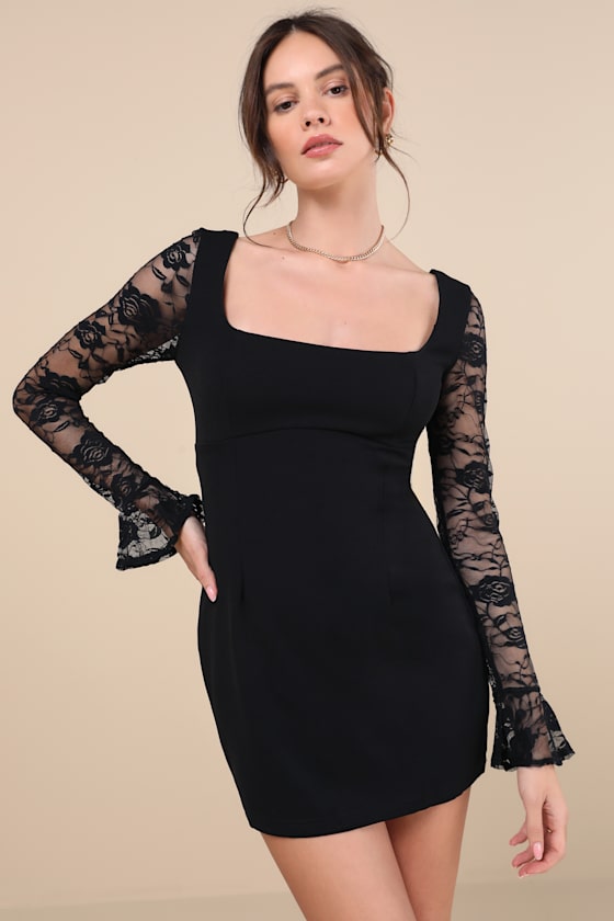 Lulus Chyra Black Lace Long Sleeve Mini Dress In Black