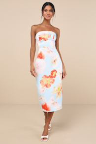 Oriana Light Blue Floral Satin Strapless Midi Dress 1