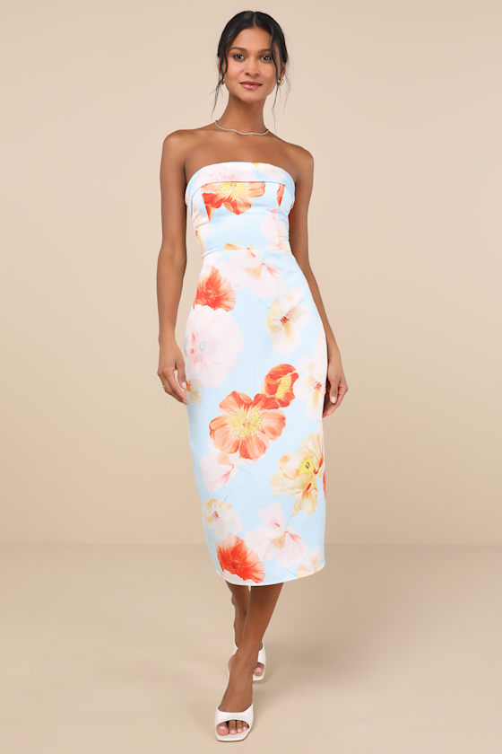Oriana Light Blue Floral Satin Strapless Midi Dress 1