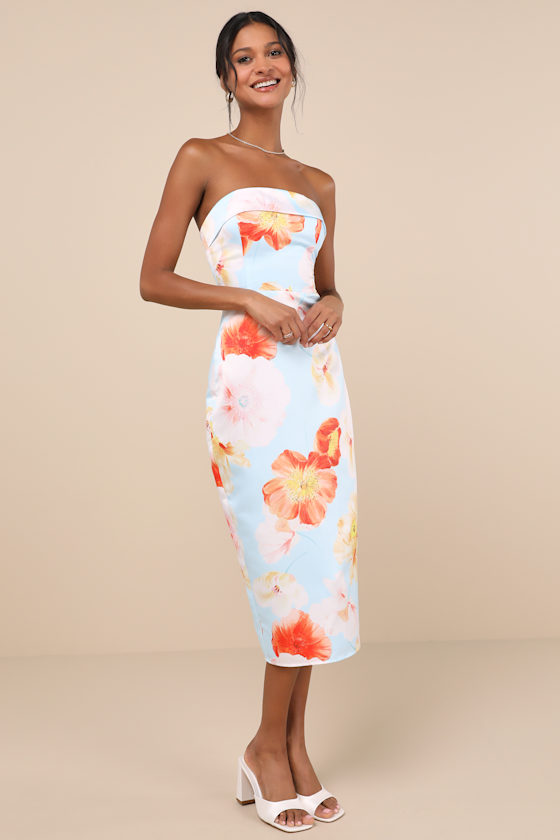 Lulus Oriana Light Blue Floral Satin Strapless Midi Dress In Light Blue