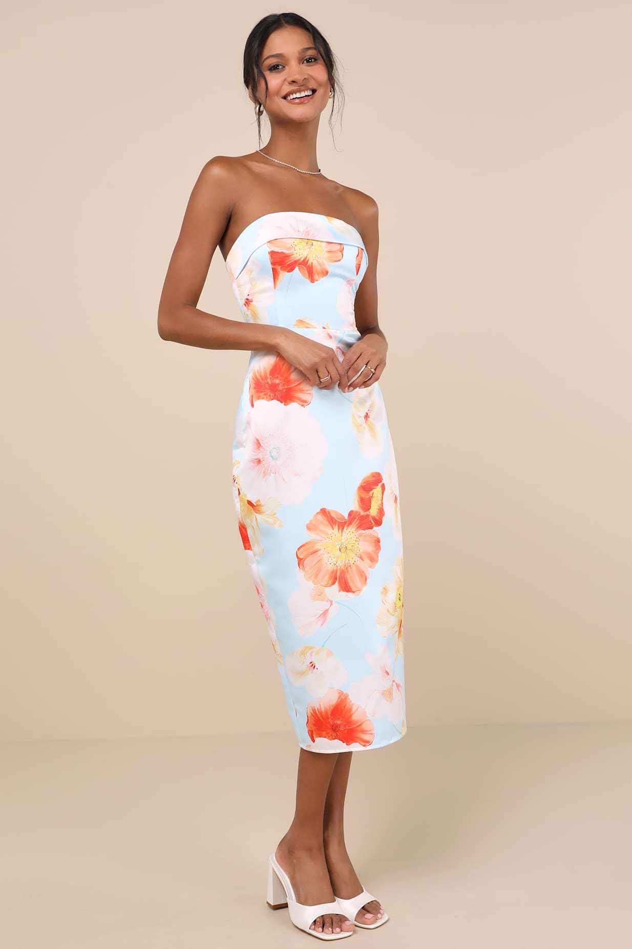 Oriana Light Blue Floral Satin Strapless Midi Dress