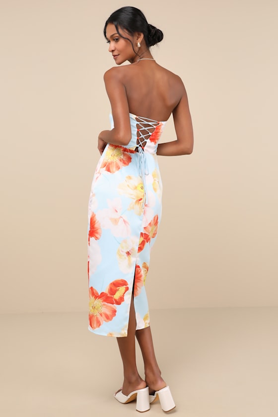 Lulus Oriana Light Blue Floral Satin Strapless Midi Dress In Light Blue