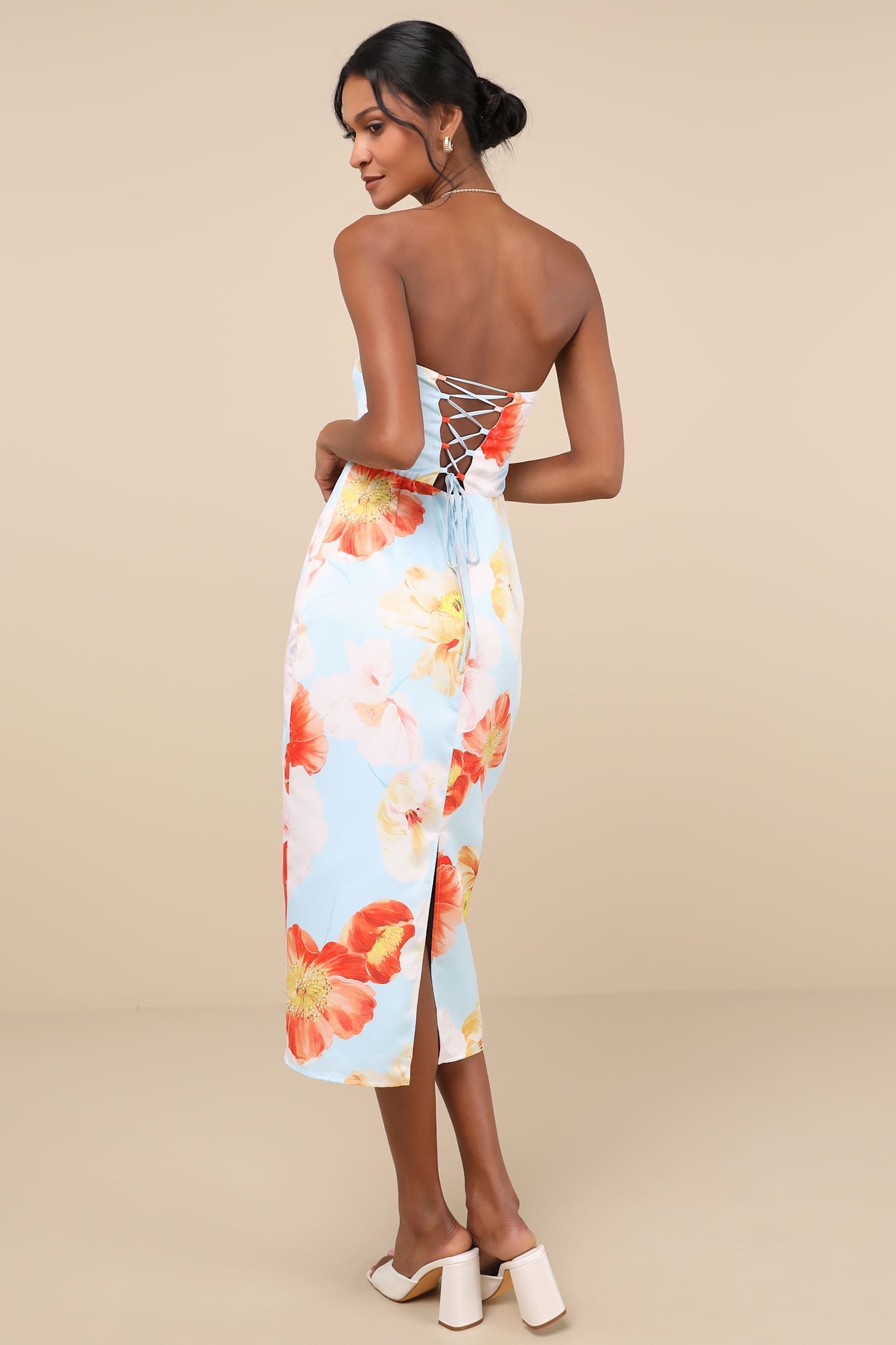 Oriana Light Blue Floral Satin Strapless Midi Dress