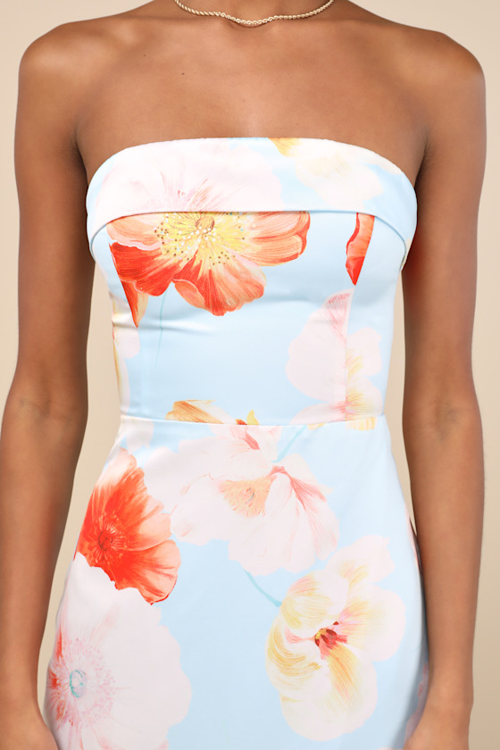 Lulus Oriana Light Blue Floral Satin Strapless Midi Dress In Light Blue