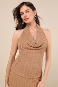 Cove Light Brown Textured Cowl Halter Top 3