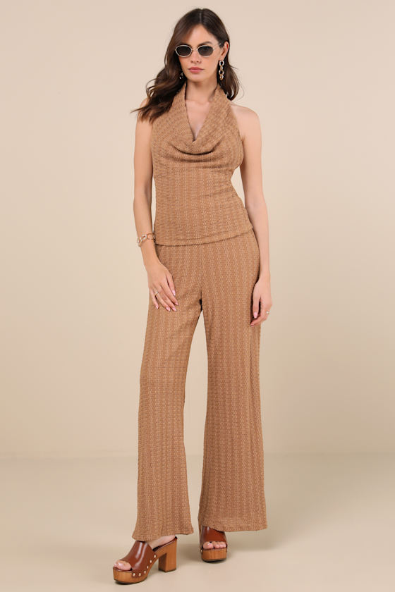 LULUS COVE LIGHT BROWN TEXTURED COWL HALTER TOP