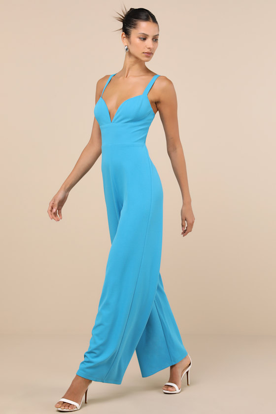 Lulus Brighton Bright Blue Plunge Wide-leg Jumpsuit In Blue