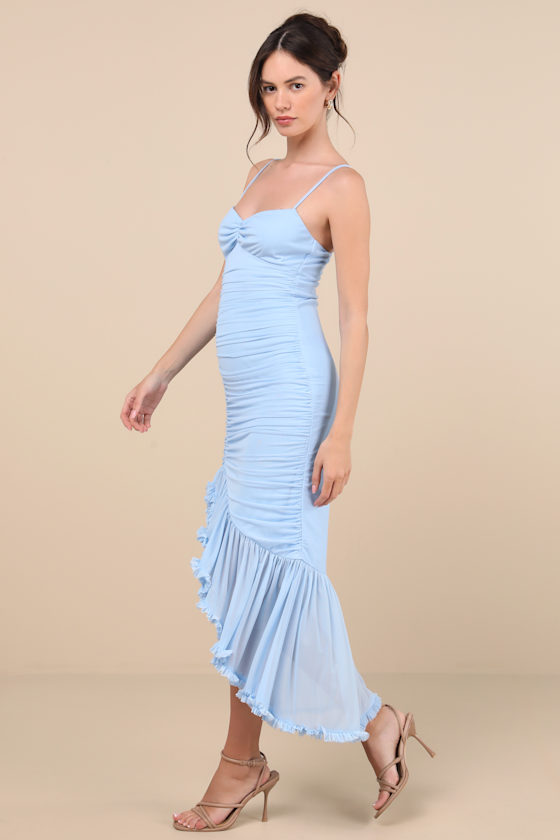 Lulus Vicky Light Blue Mesh Ruched Midi Dress In Light Blue