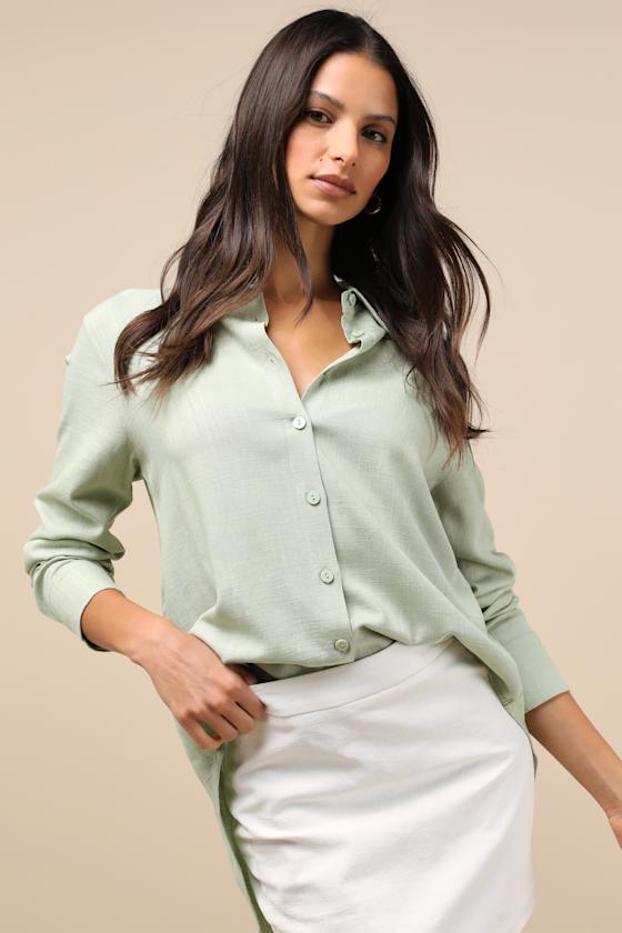 LULUS NOTABLE AESTHETIC SAGE GREEN LINEN COLLARED BUTTON-UP TOP