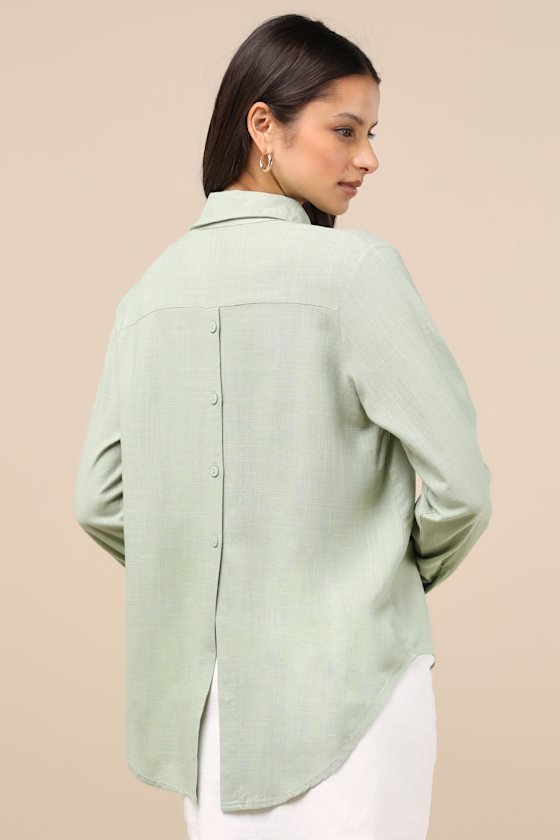LULUS NOTABLE AESTHETIC SAGE GREEN LINEN COLLARED BUTTON-UP TOP
