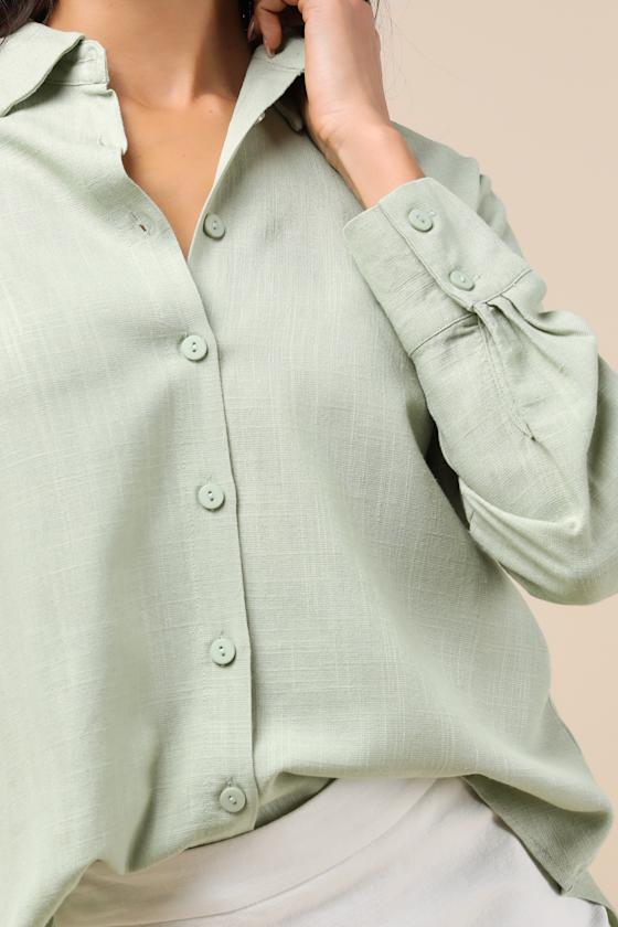 LULUS NOTABLE AESTHETIC SAGE GREEN LINEN COLLARED BUTTON-UP TOP