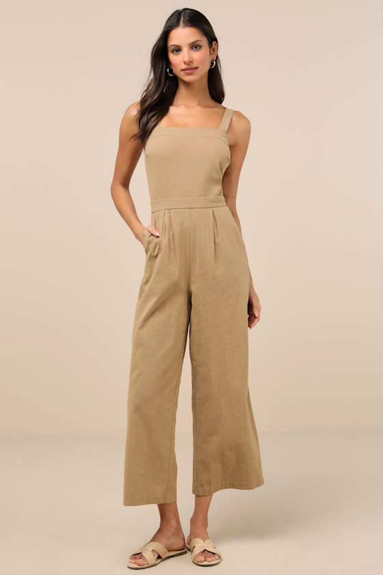 Lulus Lucky For Me Beige Cotton Sleeveless Cropped Jumpsuit In Beige