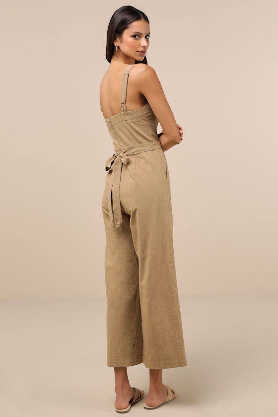 Lulus Lucky For Me Beige Cotton Sleeveless Cropped Jumpsuit In Beige
