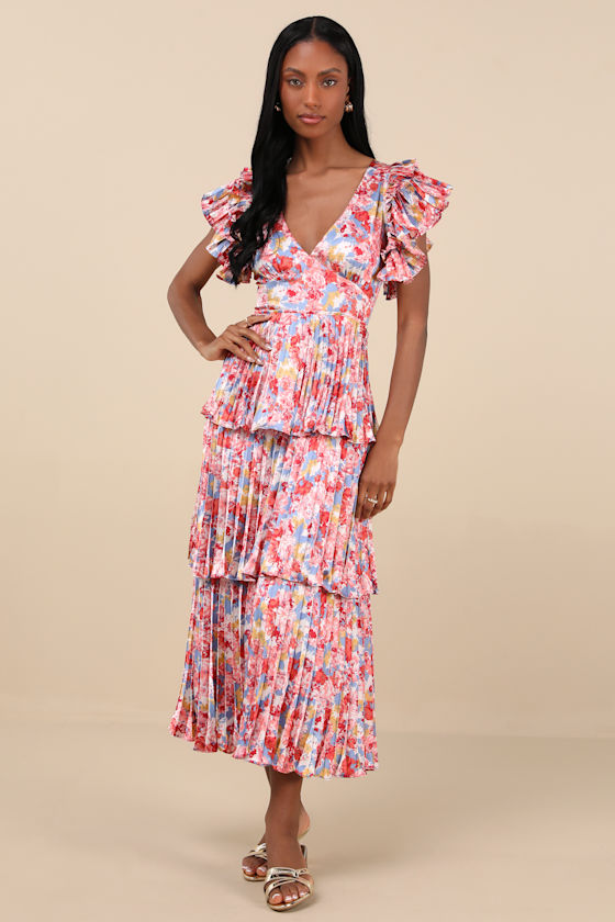 Shop Lulus Stunning Desire Multi Floral Satin Pleated Tiered Midi Dress
