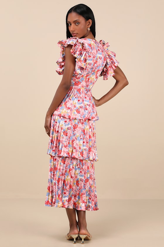 Shop Lulus Stunning Desire Multi Floral Satin Pleated Tiered Midi Dress