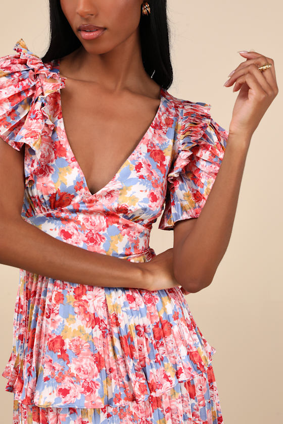 Shop Lulus Stunning Desire Multi Floral Satin Pleated Tiered Midi Dress