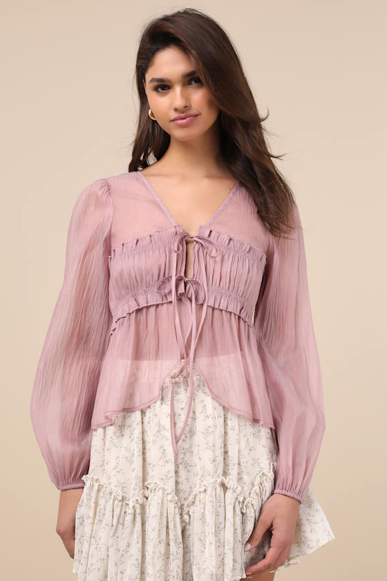 LULUS KYLER MAUVE SHEER TIE-FRONT LONG SLEEVE TOP