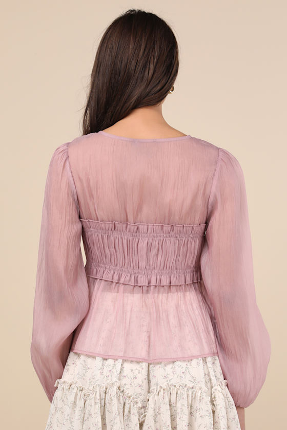 LULUS KYLER MAUVE SHEER TIE-FRONT LONG SLEEVE TOP