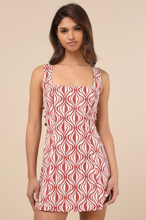 LULUS POLLIE RUST AND CREAM PRINT BEADED LINEN SLEEVELESS MINI DRESS