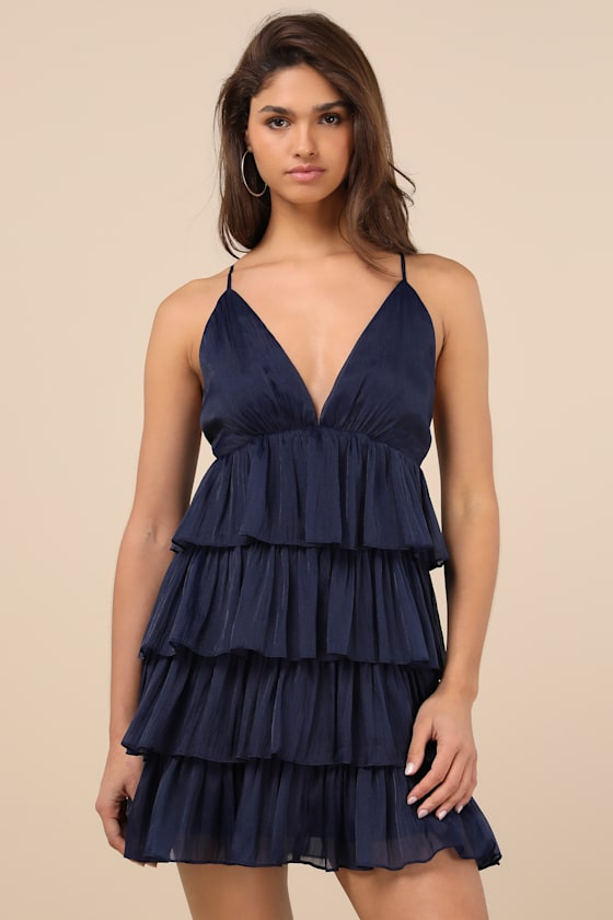 Lulus The Party's Tier Navy Organza Tiered Backless Mini Dress In Navy