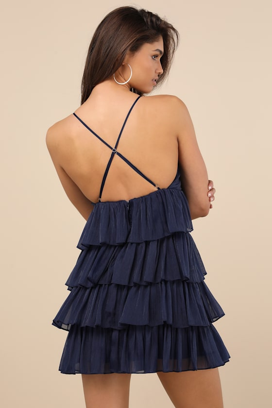 Lulus The Party's Tier Navy Organza Tiered Backless Mini Dress In Navy