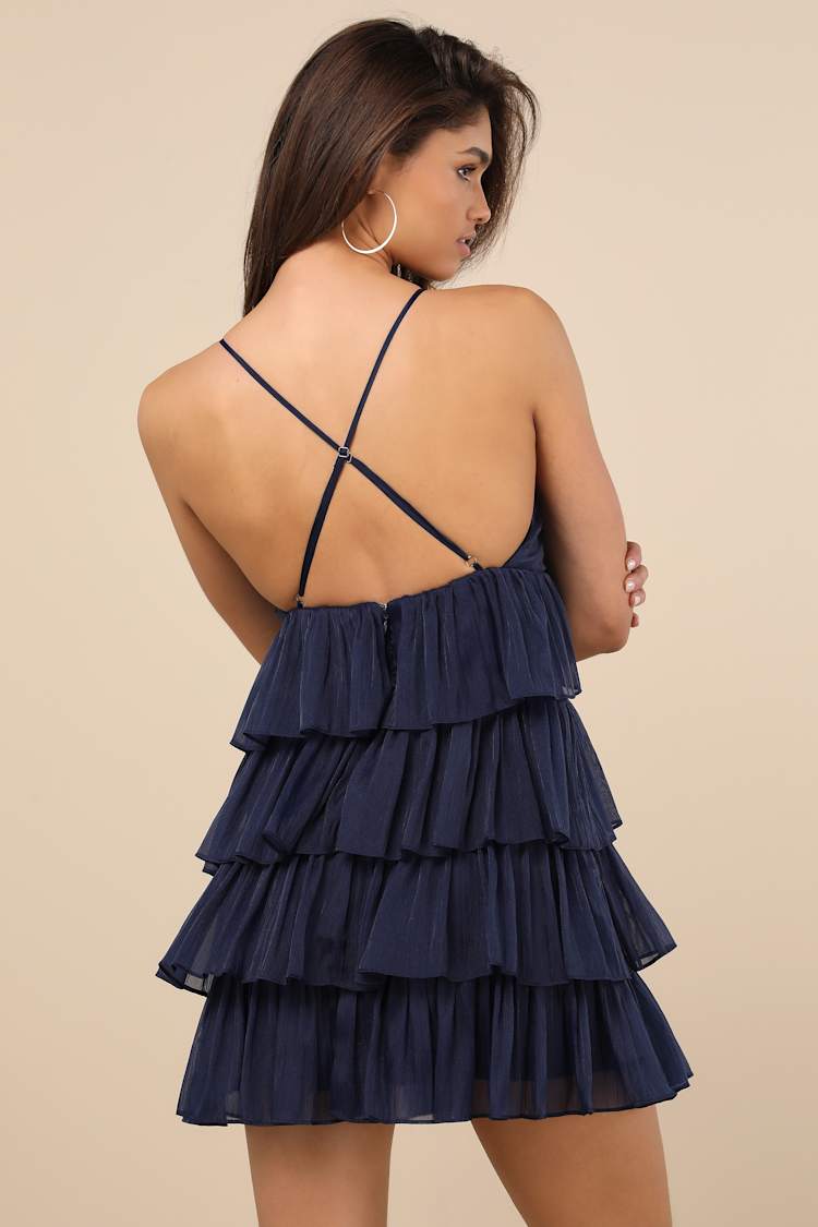 The Party's Tier Navy Organza Tiered Backless Mini Dress
