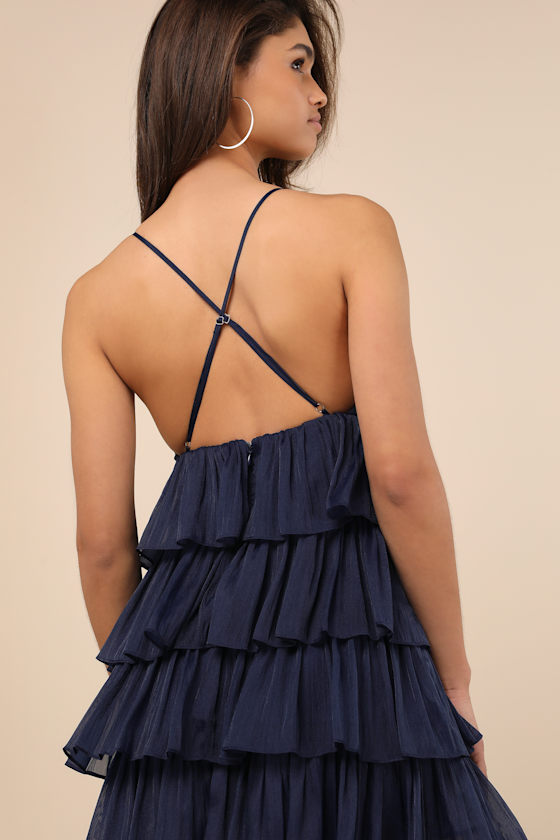 Lulus The Party's Tier Navy Organza Tiered Backless Mini Dress In Navy