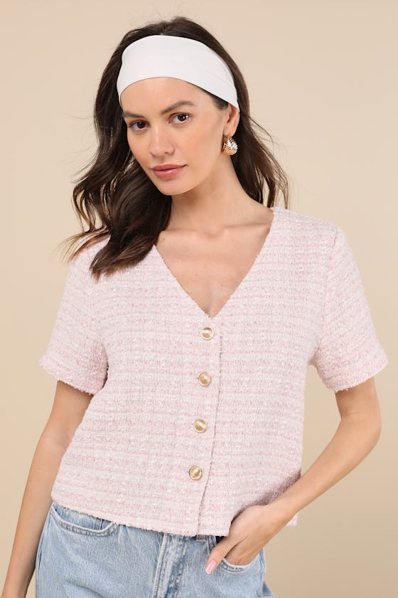 LULUS CHICEST STATE PINK TWEED BUTTON-UP SHORT SLEEVE TOP