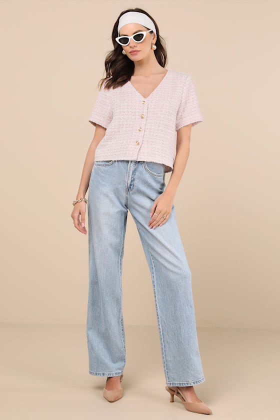 LULUS CHICEST STATE PINK TWEED BUTTON-UP SHORT SLEEVE TOP