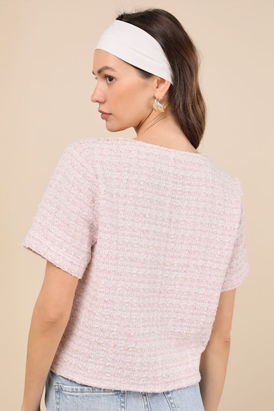 LULUS CHICEST STATE PINK TWEED BUTTON-UP SHORT SLEEVE TOP
