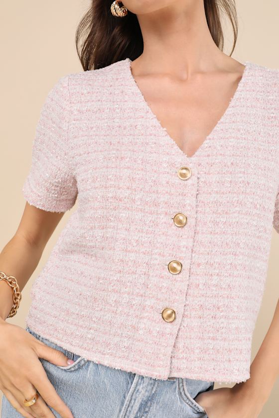LULUS CHICEST STATE PINK TWEED BUTTON-UP SHORT SLEEVE TOP