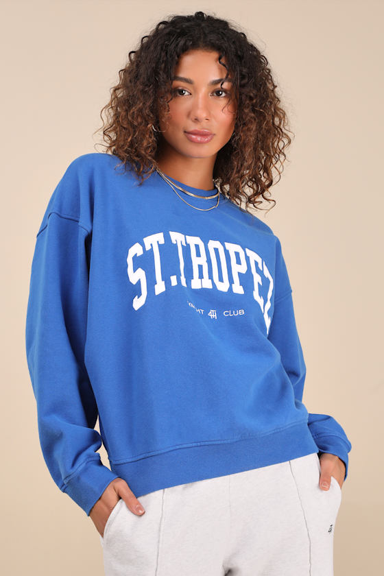 4th & Reckless Ines Blue St Tropez Graphic Pullover Sweater In Blue