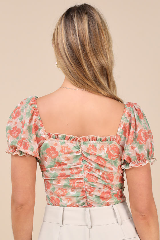 Lulus Vibrant Flirt Peach Floral Mesh Puff Sleeve Ruched Bodysuit In Peach