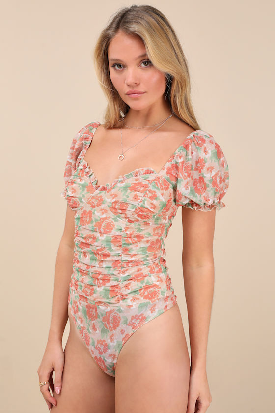 Lulus Vibrant Flirt Peach Floral Mesh Puff Sleeve Ruched Bodysuit In Peach