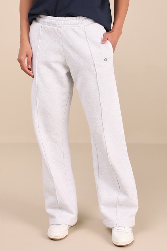 4th & Reckless Catori Heathered Light Grey Embroidered Wide-leg Sweatpants In White
