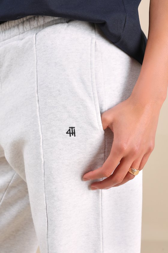 4th & Reckless Catori Heathered Light Grey Embroidered Wide-leg Sweatpants In White