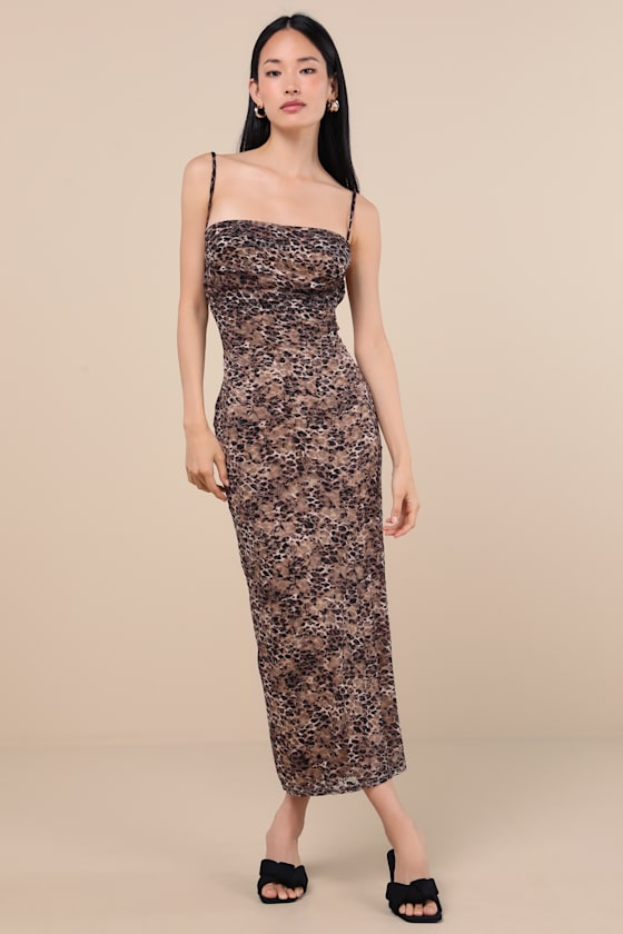 Lulus Manon Brown Leopard Mesh Bodycon Midi Dress In Brown