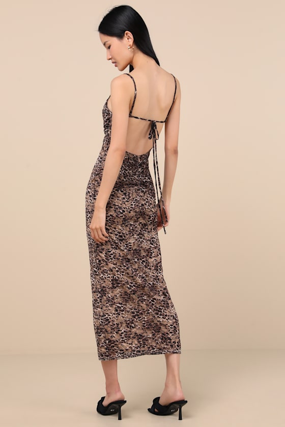 Lulus Manon Brown Leopard Mesh Bodycon Midi Dress In Brown